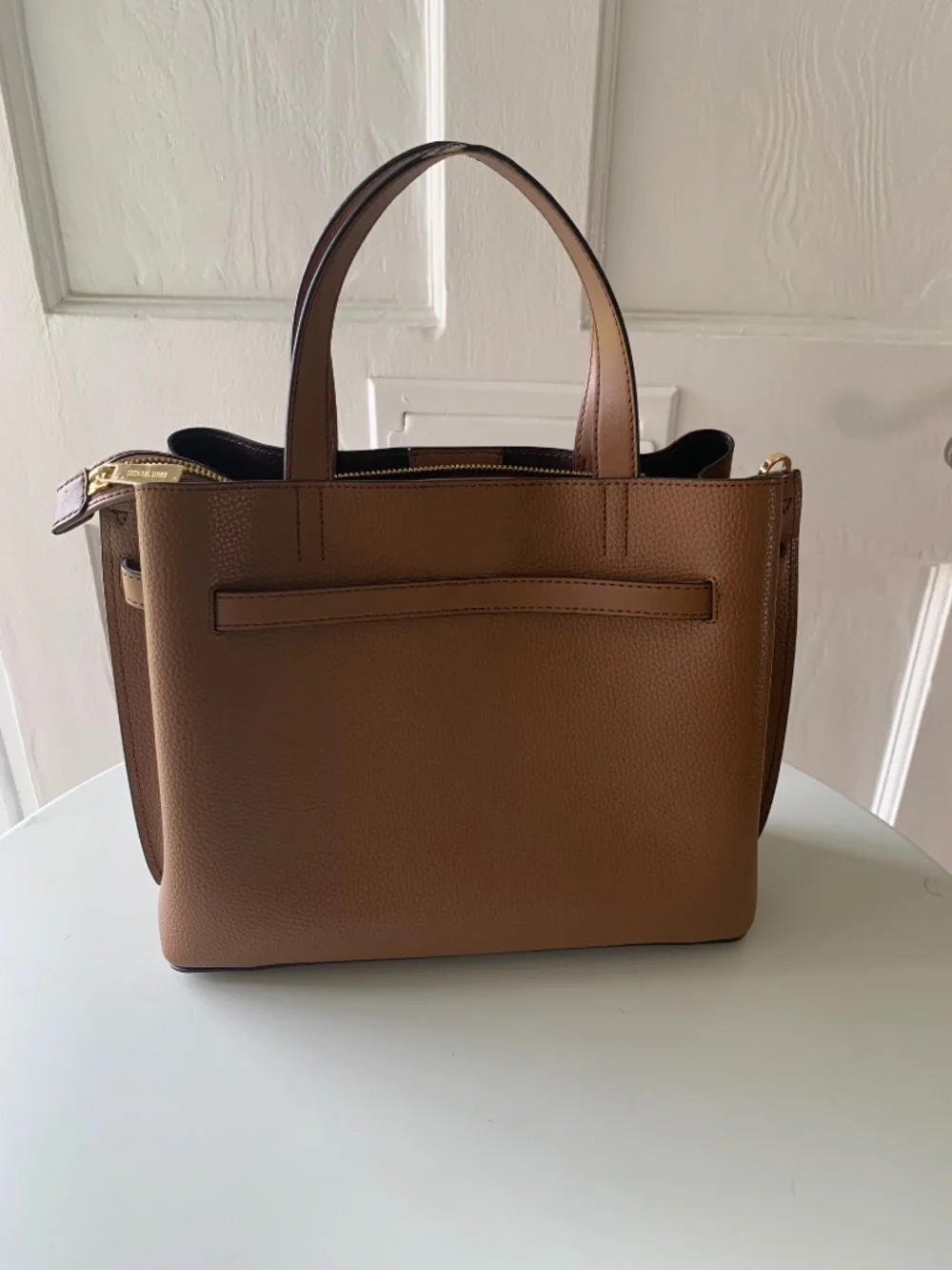 Michael Kors Emilia Large Pebbled Leather Satchel Crossbody Bag Luggage Brown